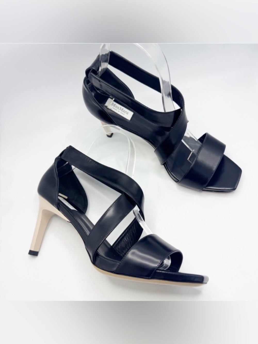 Max Mara Strappy Leather Heeled Square Toe Sandals Black Ivory Size 39